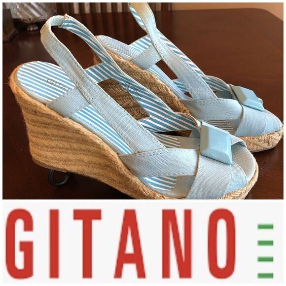 GITANO - NWT - L Sz 7.5 Lt. Blue Canvas Espadrilles￼. Jute-Wrapped 4” Heels CUTE - Picture 1 of 16